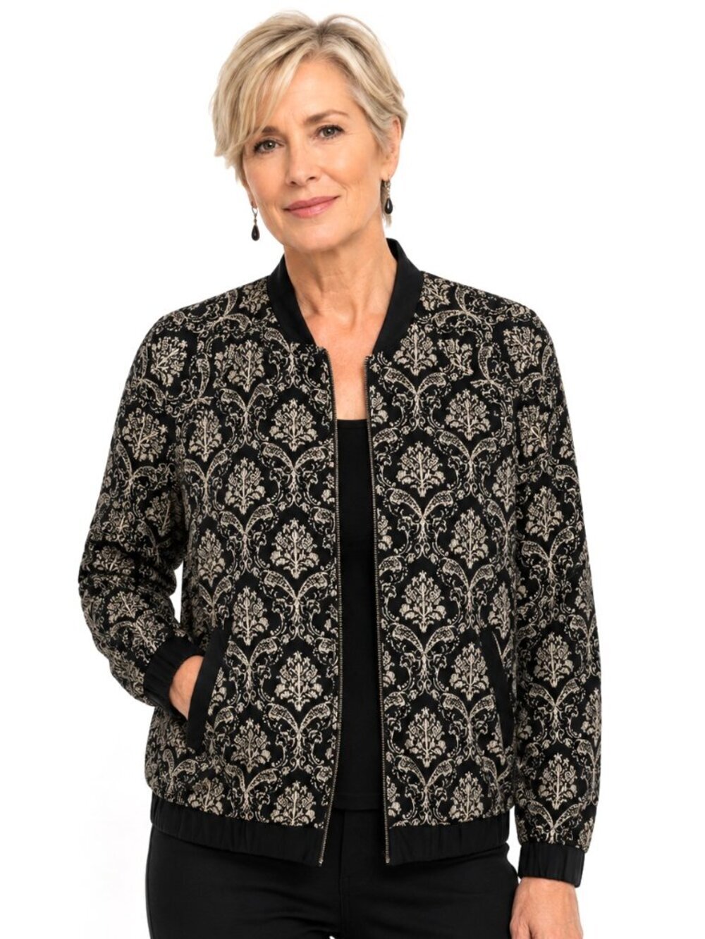 Elodie Black Tan Damask Zip Front Bomber Jacket
